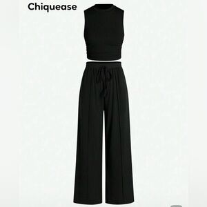 Black Wide Leg Palazzo Pants with Elastic Waistband Womens Set 2 pcs